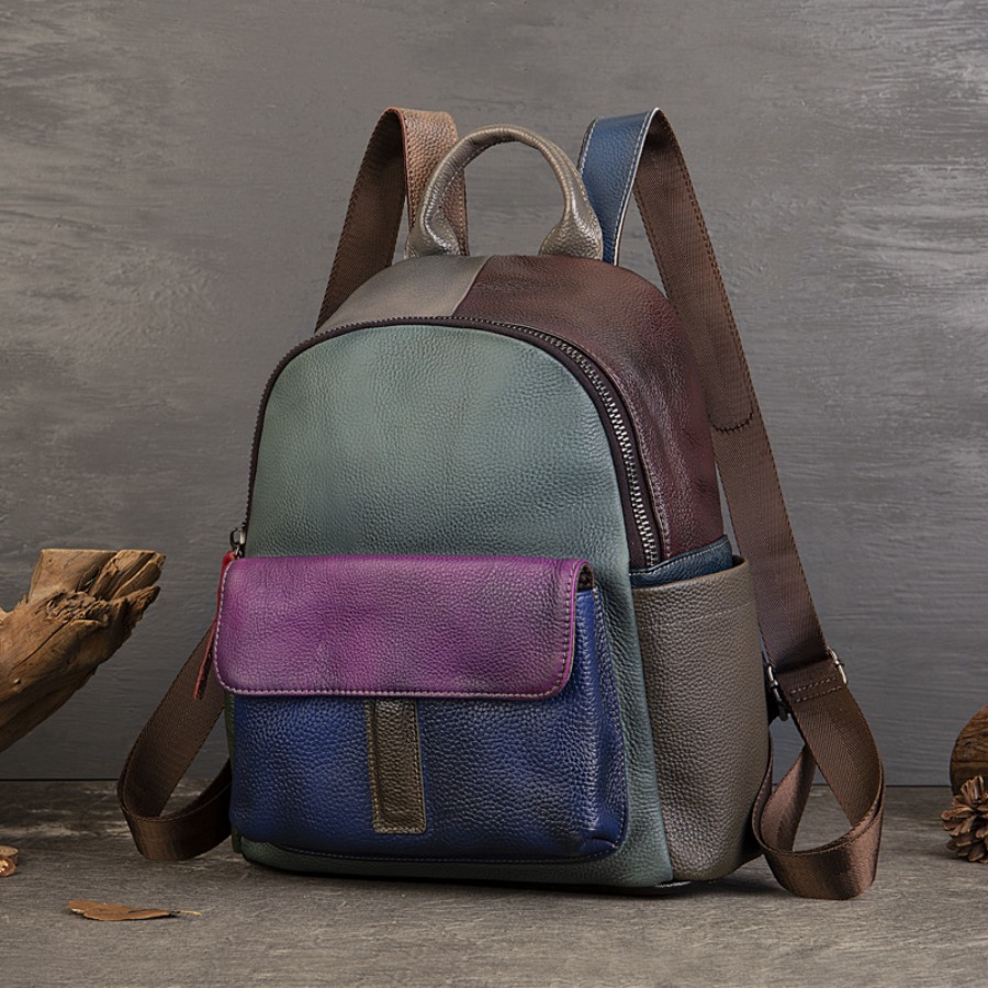 Genuine Leather Backpack - 【New Arrival】 Vintage Color Block Leather