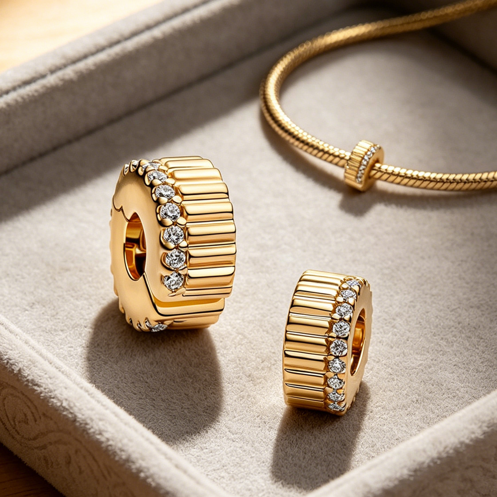 Luxury Bags Cz - Gold-Plated Ribbed Cz Spacer Charm, Fits